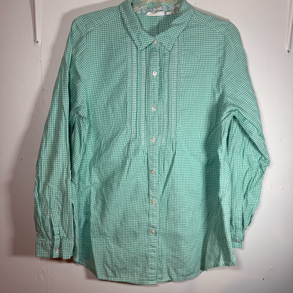 J Jill women’s medium plaid shirt roll‎ tab sleeve western country preppy green